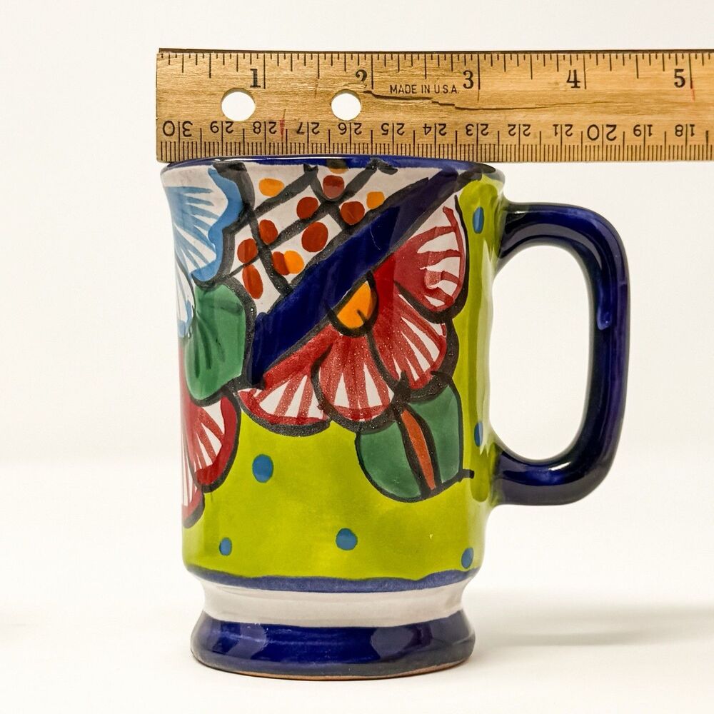 Vintage Talavera Hand Painted Mexican Pottery Mug Set Floral Folk Art Cups Pair - Picture 8 of 8